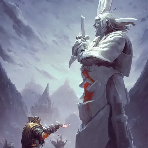 Prompt: a giant white chess bishop statue, battlefield background, bright art masterpiece artstation. 8 k, sharp high quality artwork in style of jose daniel cabrera pena and greg rutkowski, concept art by tooth wu, hearthstone card game artwork, chess piece