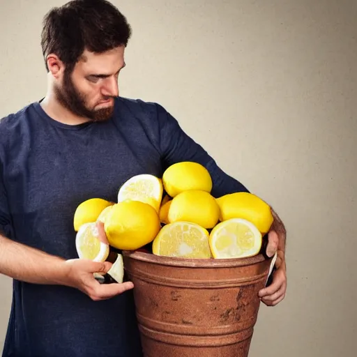 Prompt: A photograph of a confused man holding up a bucket of lemons