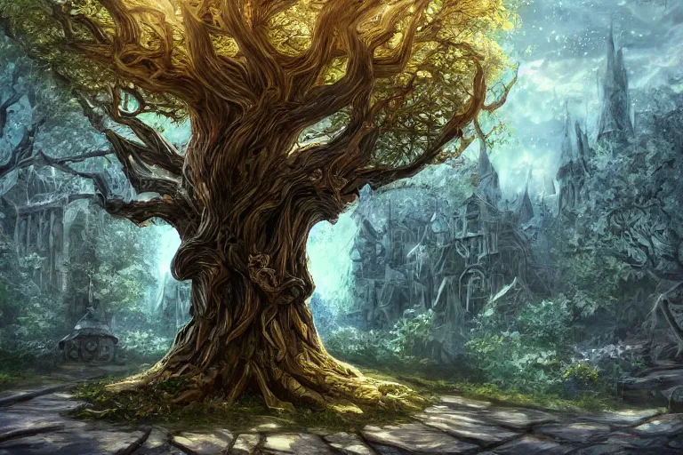 Prompt: A magical tree viewed from the outside, texture, intricate, details, highly detailed, masterpiece, architecture, building, trending on artstation, focus, sharp focus, concept art, digital painting, fantasy, sunny, day, midday, in the style of Wizards of the Coast