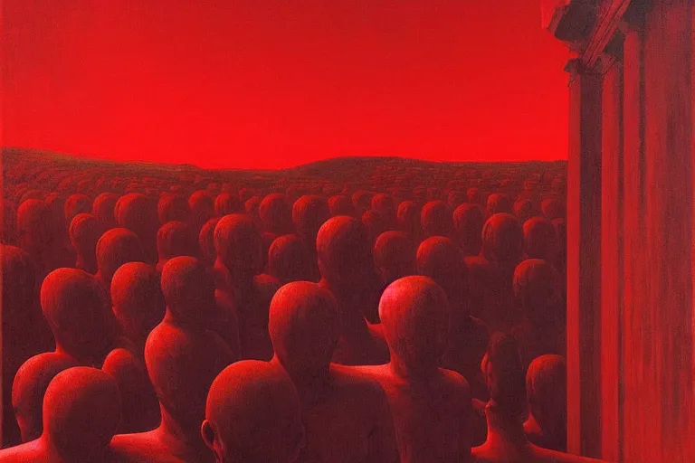 Image similar to only with red, a red great emperor, taormina amphitheatre, crowd with big smile, in the style of beksinski, parts by edward hopper, parts by rodcenko, parts by yue minjun, intricate and epic composition, red by caravaggio, insanely quality, highly detailed, masterpiece, red light, artstation, 4 k