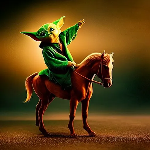 Image similar to “baby yoda riding a marvelous horse, cinematic lighting”