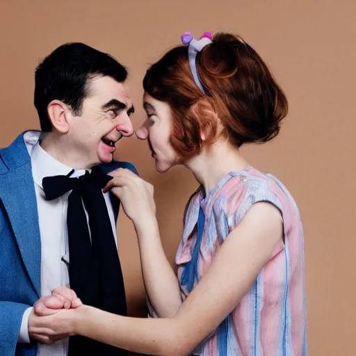 Image similar to A portrait mr bean elizabeth teams up with a teenage mr bean, perfect faces, 50 mm, award winning photography