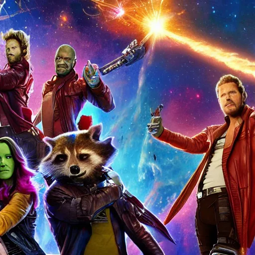 Prompt: Guardians of the Galaxy knitting the universe, 8k, photorealism