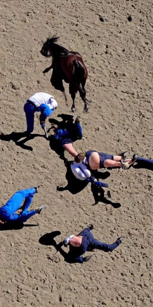 Image similar to horse wrestles astronaut on all fours on hands and knees in grappling in closed guard on mount position