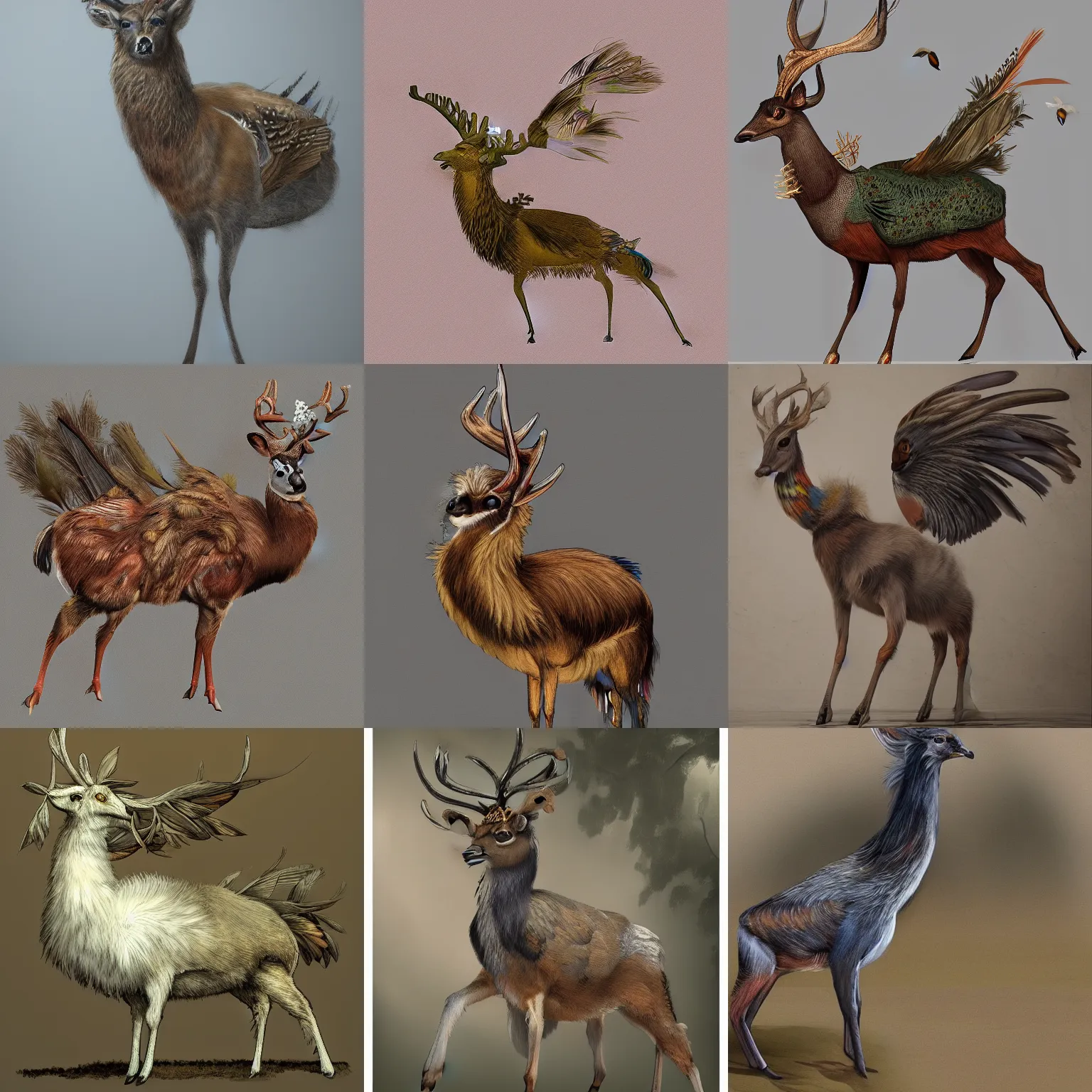Image similar to a feathered deer with bird feathers, trending on artstation, highly detailed, full body