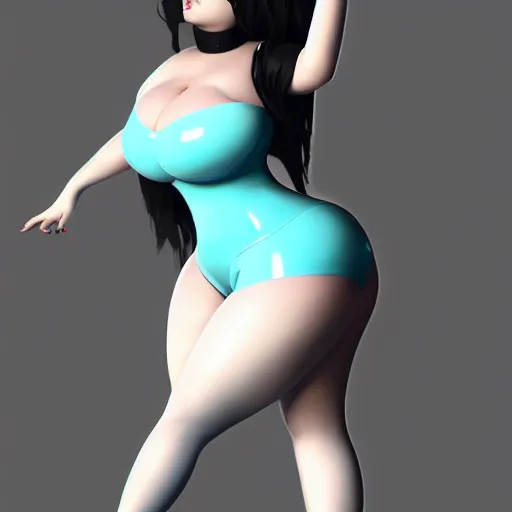 Prompt: thicc curvy feminine goth bombshell cutie with a thin waist in an elaborate polished white-cyan-white latex dress with stockings, cgsociety, photorealistic, sublime-classy-dignified ambience, 16k, sharp focus, trending on ArtStation, volumetric lighting, fully clothed, worksafe