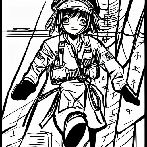 Image similar to manga style, clean simple line art, portrait of girl, under artillery fire, trench sandbags in background, well composed, soldier clothing, short hair, hair down, symmetrical facial features, marvel comic, detailed drawing, trending in japan, by masashi kishimoto