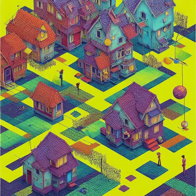 Prompt: isometric, surreal glimpse into other universe, 2 houses by akdonchampi, summer morning, very coherent and colorful high contrast, art by!!!! gediminas pranckevicius!!!!, geof darrow, floralpunk screen printing woodblock, dark shadows, hard lighting, stipple brush technique,