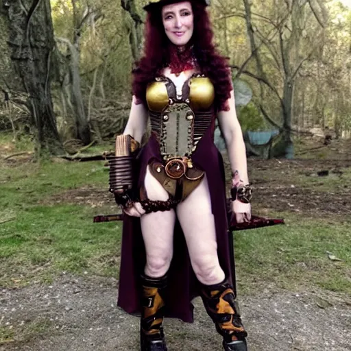 Image similar to full body photo of karen gillen as an amazon steampunk warrior