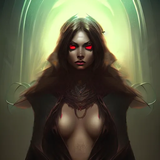 Image similar to dark sorceress full view, highly detailed, wlop style, artstation, concept art, soft light, sharp focus, illustration, character design