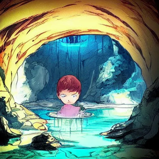 Prompt: “ wet cave inside, anime ”