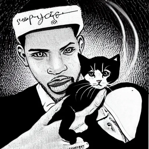 Image similar to storybook illustration of a rapper in 1 9 9 0 new york holding a kitten up to the camera, storybook illustration, monochromatic