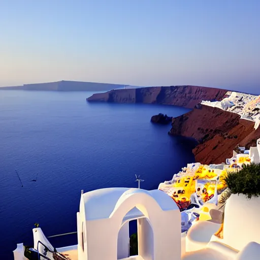 Prompt: beautiful sunset on santorini with a glass of white wine