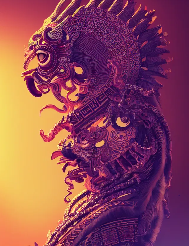 Image similar to 3 d goddess close - up profile portrait aztec with ram skull. beautiful intricately detailed japanese crow kitsune mask and clasical japanese kimono. betta fish, jellyfish phoenix, bio luminescent, plasma, ice, water, wind, creature, artwork by tooth wu and wlop and beeple and greg rutkowski