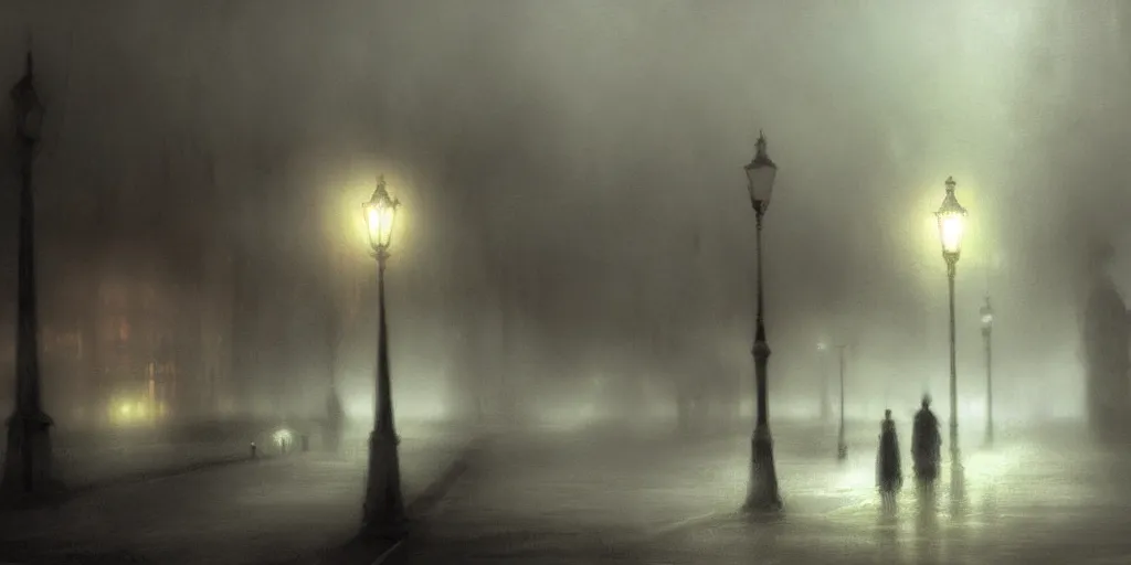 Image similar to victorian london, fog, night, digital art by chris cold, - h 6 4 0