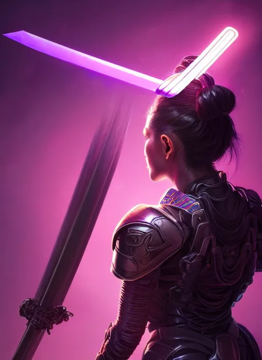 Image similar to portrait, back shot, looking away from viewer, woman with long black ponytail, wearing sci - fi leather armor, glowing purple katana, intricate, elegant, glowing lights, highly detailed, digital painting, artstation, concept art, smooth, sharp focus, illustration, art by wlop, mars ravelo and greg rutkowski