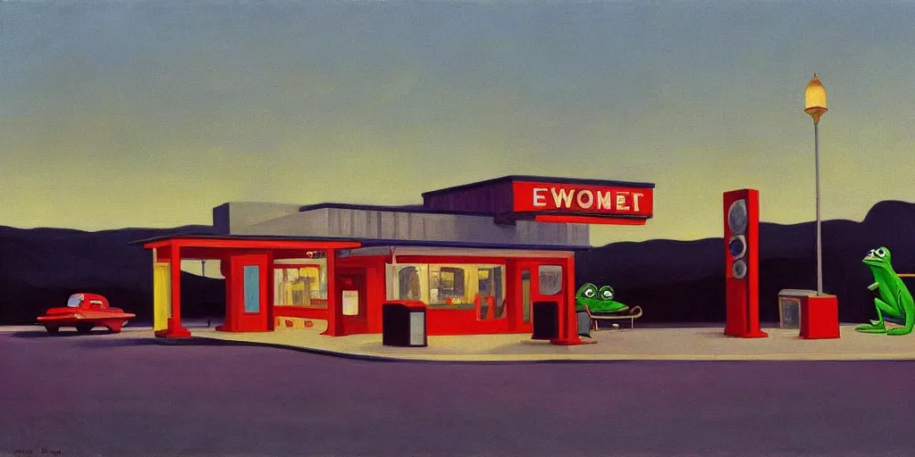 Prompt: painting by edward hopper, gas station at dusk, 1 9 4 0, kermit the frog is robbing the gas station