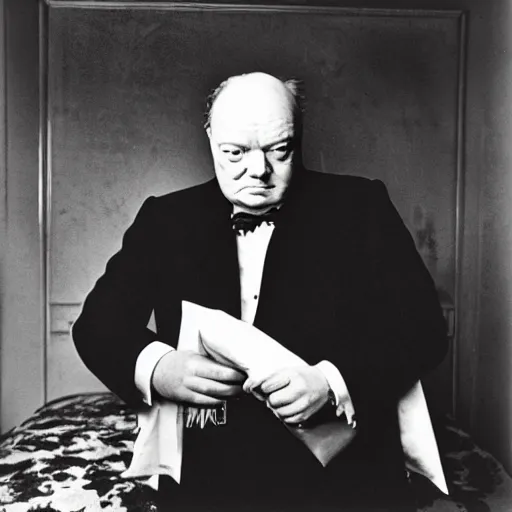 Image similar to a portrait of winston churchill being more hungover than he has ever been before. by arnold newman.