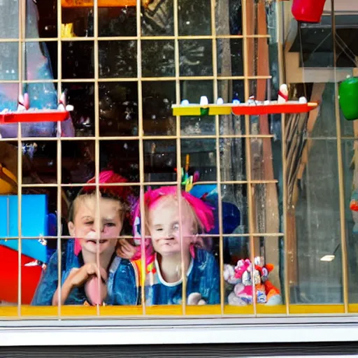 Image similar to kids peeking through a toy store's window from outside, painting