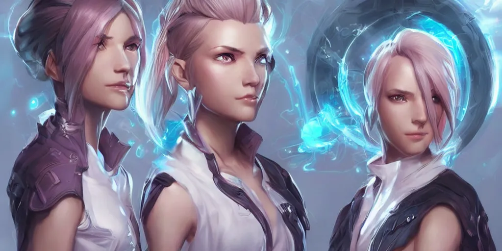 Image similar to concept art of young female netrunner d & d video game characters head designs, unique hair designs, by marc brunet and artgerm