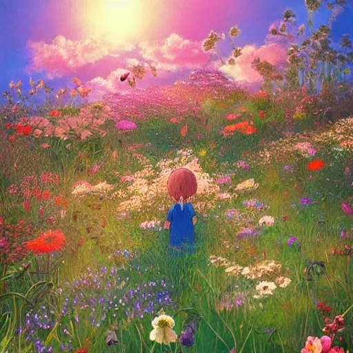 Image similar to a beautiful painting of a studio ghibli scene in a field of flowers by android jones, studio ghibli art, color gradient shading