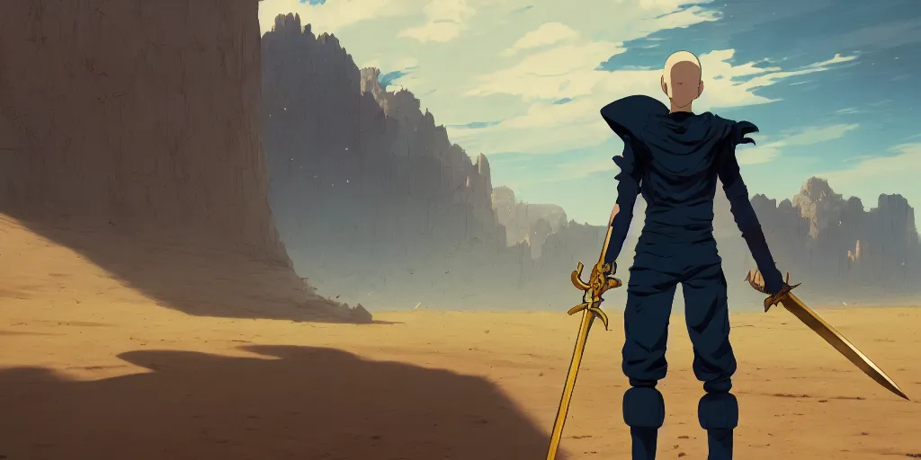 Image similar to blue knight holding a gold sword, green hatchback car screen left, low wide angle, anime, desert landscape, greg rutkowski, Murata, one punch man manga, cinematic, digital art, hyper realistic