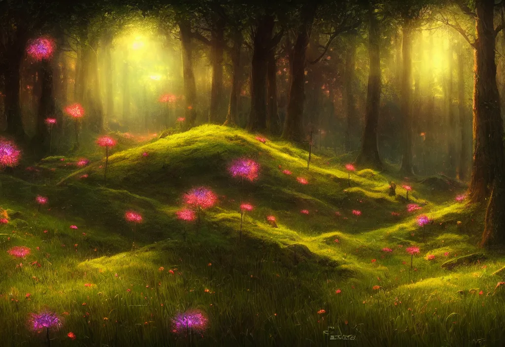 Prompt: a meadow with glowing flowers an forest behind it, night time, epic fantasy, detailed, intricate, digital painting, concept art, realistic, smooth, focus, rim light