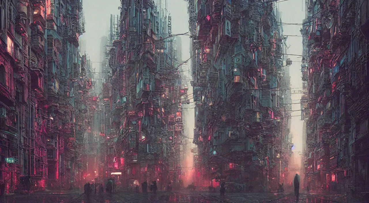 Image similar to cyberpunk city streets with renaissance architecture, cinematic night neon lighting, hyper detailed, hyper realistic, in the style of beksinski