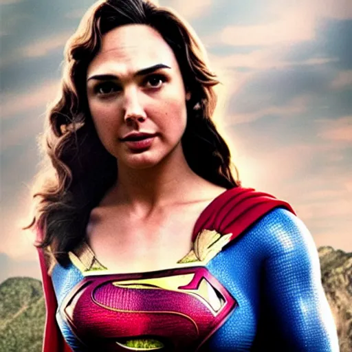 Prompt: an potrait of gal Gadot cast of movie man of steel and wearing a superman suit, photorealistic high detail, view from below, full shot body.