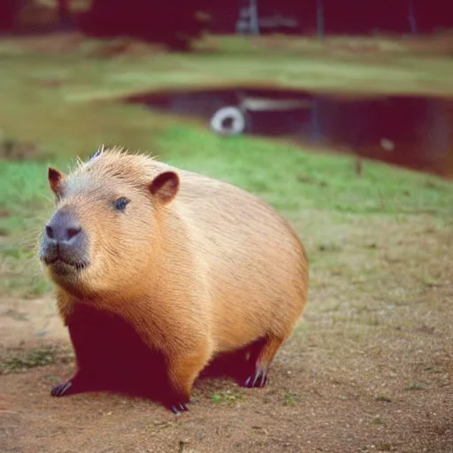 Prompt: 3 5 mm film photo of capybara with a purple wig