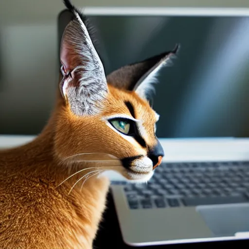 Image similar to cute caracal cat watching a laptop, realistic