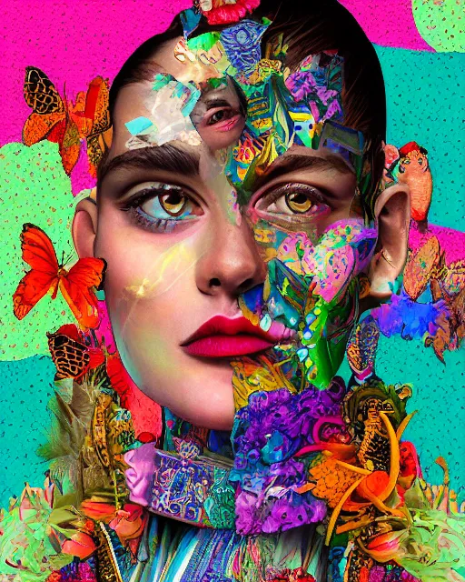 Prompt: detailed half-lenght portrait with unexpected maximalist elements. 8x HD mixed media 3D collage in the style of an hyperdetailed childbook illustration in vibrant pastel tones. colourful matte background no frame HD