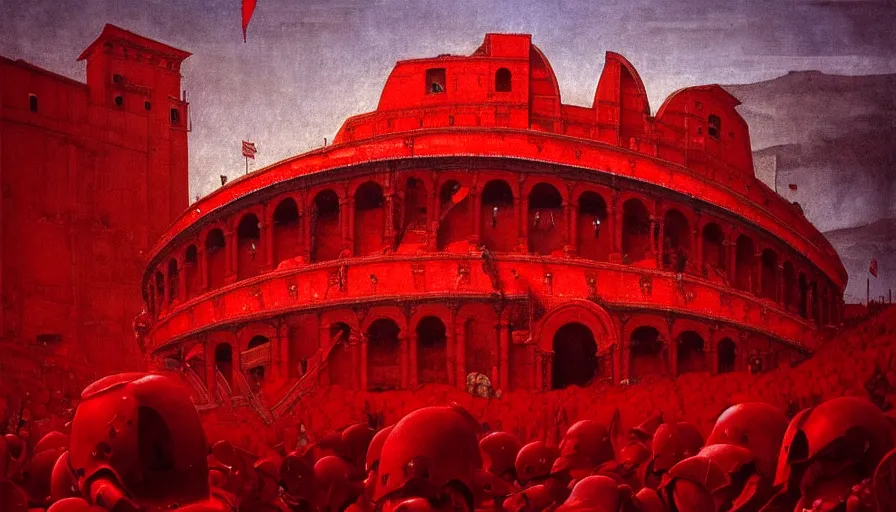 Image similar to only with red, a red gladiator in a crowded roman amphitheatre, crowd cheers him, in the style of beksinski and edward hopper and rodcenko and yue minjun, intricate and epic composition, red by caravaggio, highly detailed, masterpiece, red light, artstation