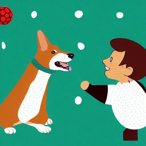 Image similar to illustration of french boy in paris playing football against a corgi, the corgi is wearing a polka dot scarf