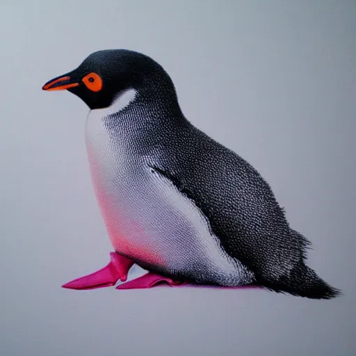 Image similar to photorealistic drawing of a penguin wearing a pink dress, high quality, 8 k quality