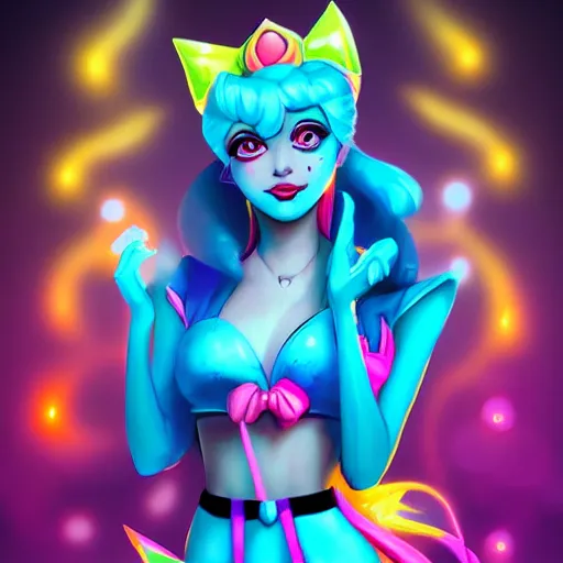 Prompt: Princess peach mixed with jinx from league of legends, background with neon lighting, trending on artstation, by Joe Benitez, WLOP, Alessandro Barbucci, Barbara Canepa