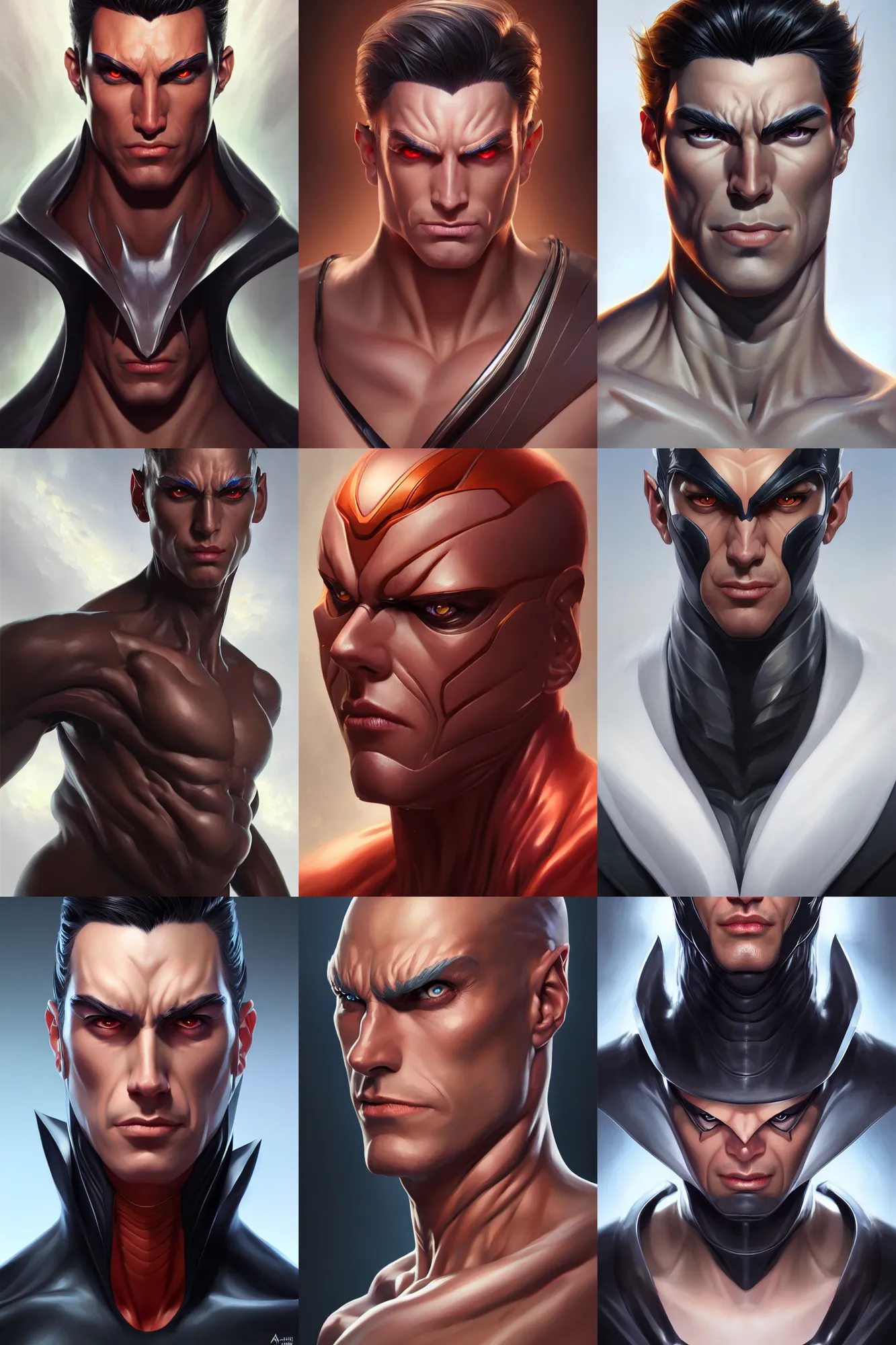 Prompt: a portrait of a new male villain by artgerm and adi granov, oil on canvas, masterpiece, marvel, trending on artstation, highly detailed face, clear eyes