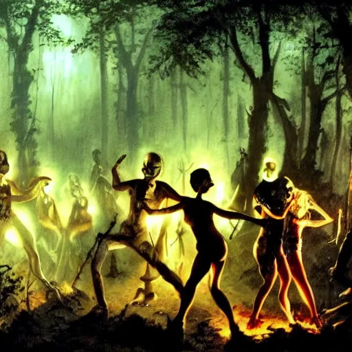 Prompt: a rave party at night in a forest, with dancing skeletons, made by frank frazetta, 4k, landscape
