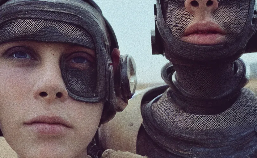 Image similar to cinestill 5 0 d photographic portrait by helen levitt of two loving female androids wearing rugged black mesh techwear on a desolate plain, extreme closeup, modern cyberpunk, dust storm, 8 k, hd, high resolution, 3 5 mm, f / 3 2, ultra realistic faces, ex machina