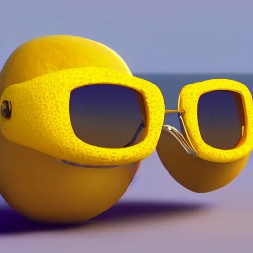 Prompt: an octane render of a smiling lemon with sunglasses on the beach