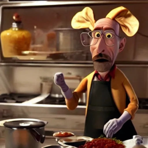 Prompt: walter white in ratatouille cooking with rat friend