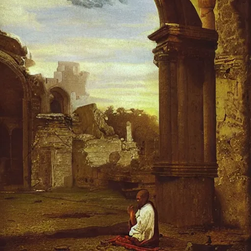 Prompt: Monk Seated in the Ruins of the Abbey by John Frederick Kensett