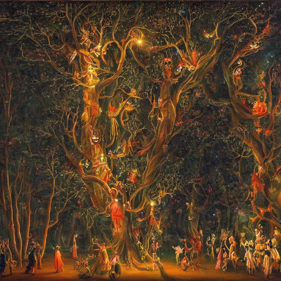 Image similar to a night carnival around a magical tree cavity, with a surreal orange moonlight and fireworks in the background, next to a lake with iridiscent water, christmas lights, folklore animals and people disguised as fantastic creatures in a magical forest by summer night, masterpiece painted by jean - baptiste perronneau, dark night environment