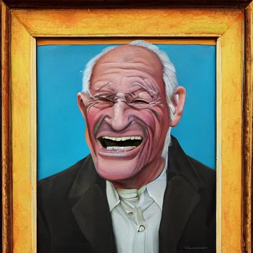 Image similar to an unsettling painting of a smiling old man in pain