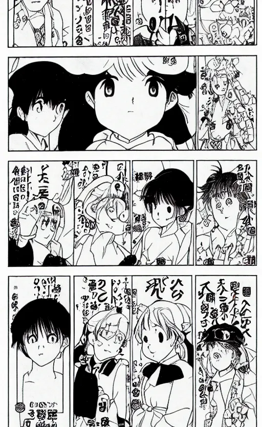 Image similar to a page of multi-panel manga by Naoko Takeuchi and Hayao Miyazaki, black and white manga comic, japanese text kanji, shoujo manga