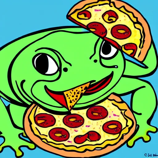 Prompt: artistic rendition of a bullfrog eating a pizza, trending, very award-winning, unmistakable, froggy