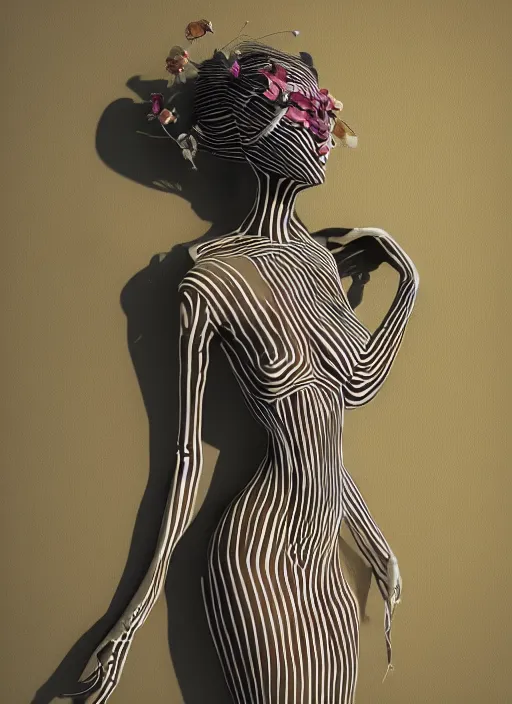 Image similar to an anthromorphic beautiful bee woman wearing striped couture made out of wax and paper and flower petals, at a fashion shoot, trending on Art Station, 3D, octane render,