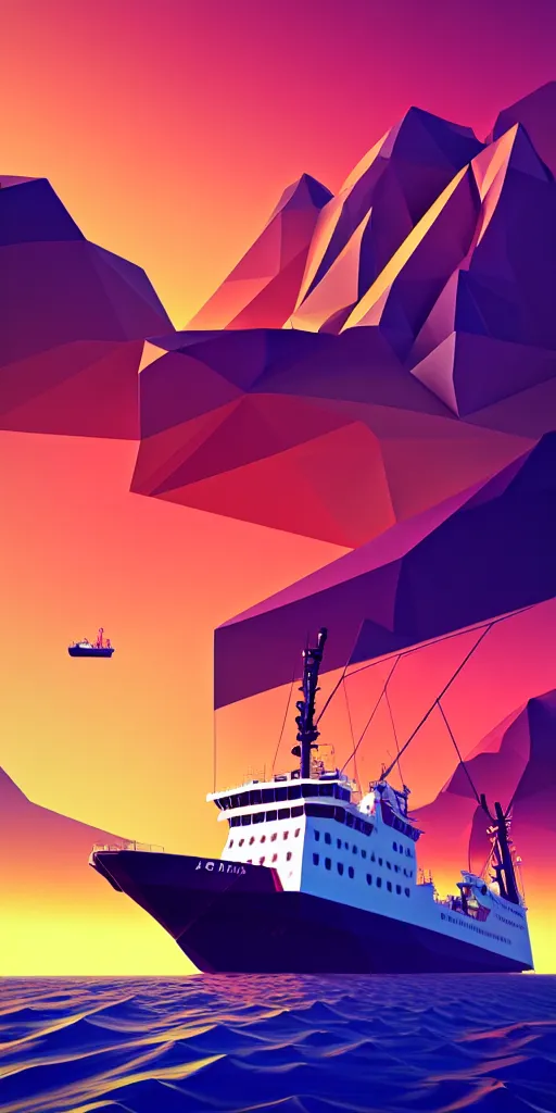 Prompt: super detailed color art, big graphic fishing ship on sunset view with polygonal mountains, unreal engine, high contrast color palette, 3 d render, lowpoly, colorful, digital art, perspective, full volume composition, syd mead