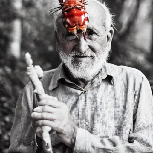 Prompt: a photo of an old man with a crayfish on his head