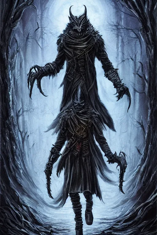 Image similar to bloodborne werewolf oil painting, horror, lovecraftian horror,